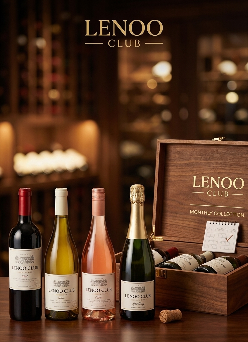Collection of wine bottles and a wooden box labeled 'Lenoo Club' on a wooden surface.